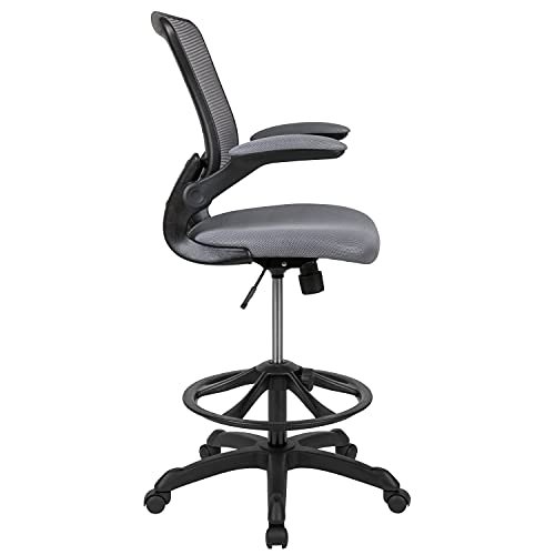 Flash Furniture Mid-Back Dark Gray Mesh Ergonomic Drafting Chair with Adjustable Foot Ring and Flip-Up Arms - Image 7