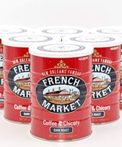 French Market Coffee, Coffee and Chicory, Dark Roast Ground Coffee, 12 Ounce Metal Can (Pack of 6)