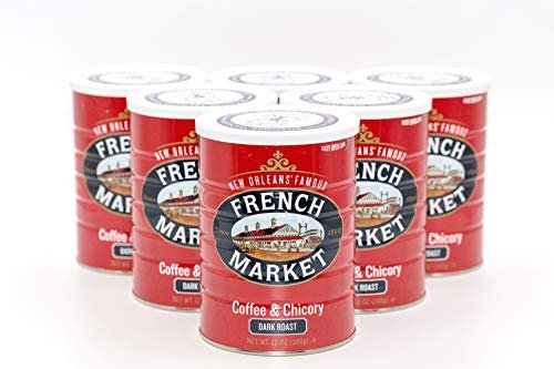 French Market Coffee, Coffee and Chicory, Dark Roast Ground Coffee, 12 Ounce Metal Can (Pack of 6)